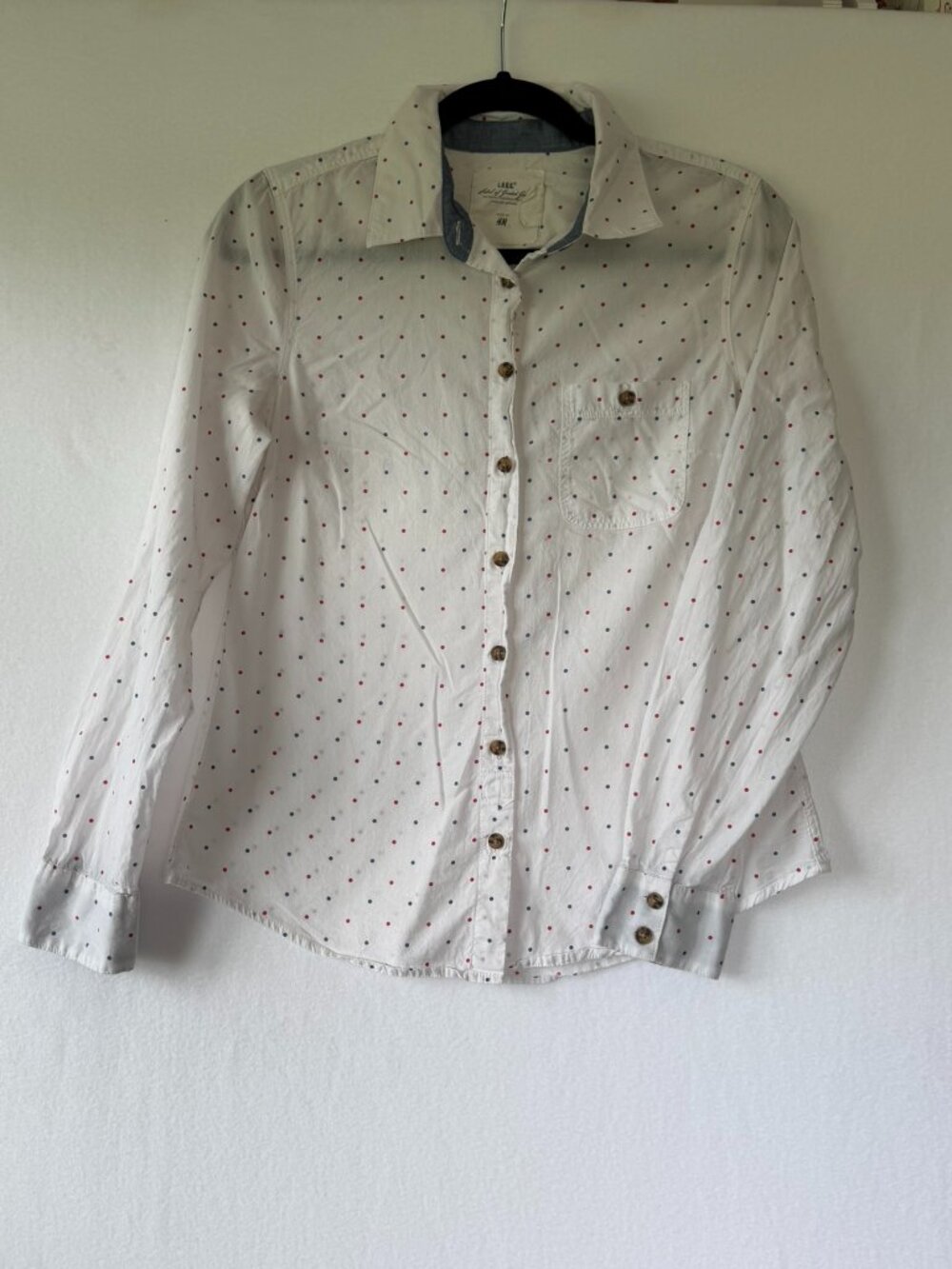 LOGG by H&M Polka Dot Button‑Up – White w/ Red & Blue Dots – Size 8